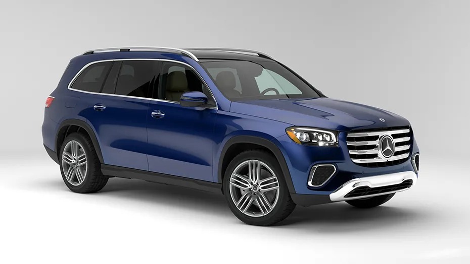 Blue 2025 Mercedes-Benz GLS, three-quarter view, luxury SUV.