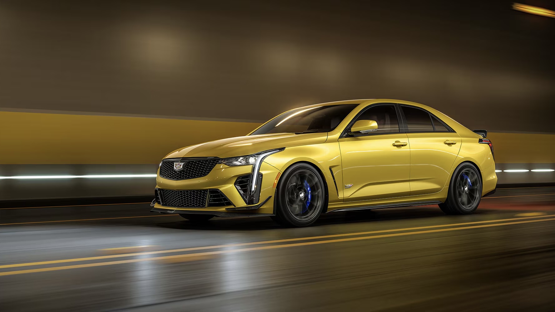The Cadillac CT4-V Blackwing 2025 on a tunnel road.