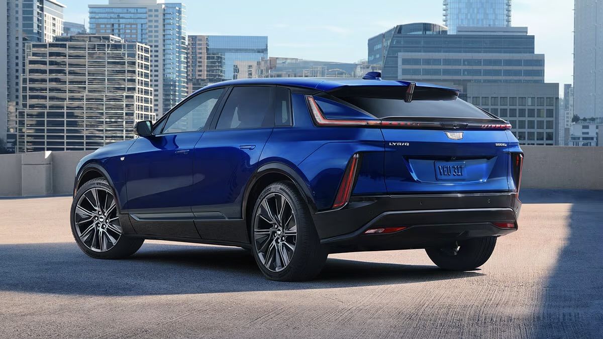 Rear view of the 2025 Cadillac Lyriq in an outdoor parking lot