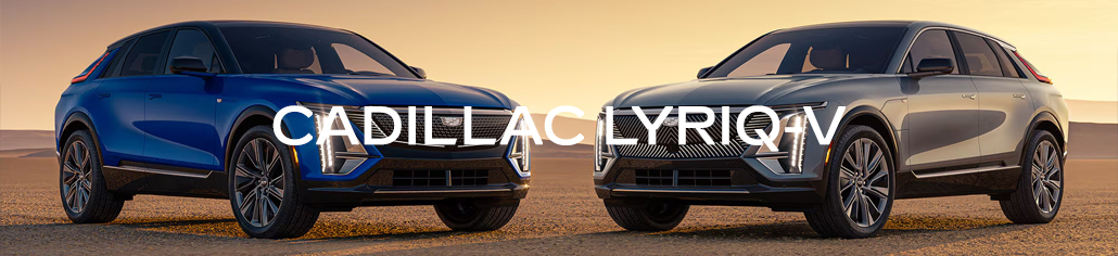 Two Cadillac LYRIQ-V vehicles displayed side by side with the model name